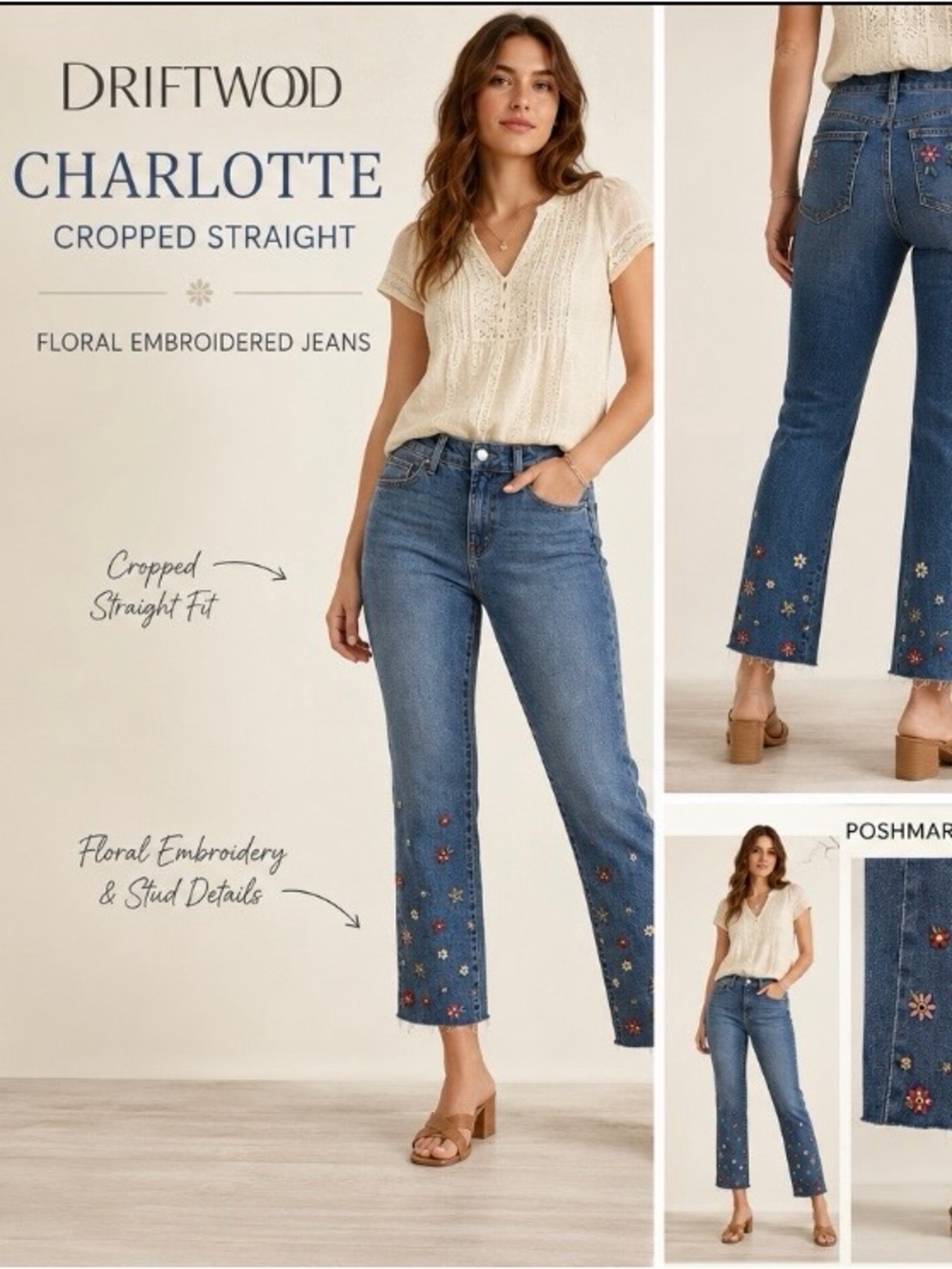 Driftwood Charlotte Cropped Straight Jeans Floral Embroidered Blue Denim 4 NWT - Picture 14 of 14